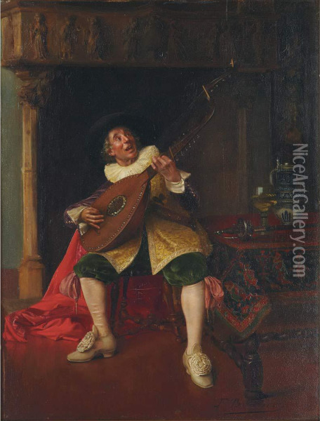 Lute Player Oil Painting - Francois Brunery