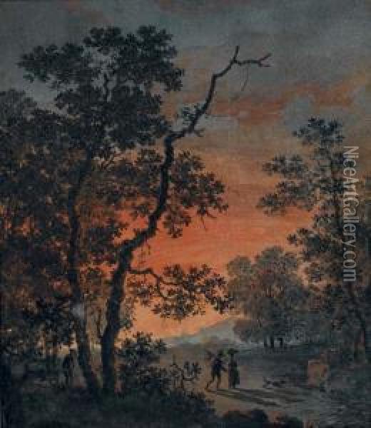 Un Homme Et Une Femme Sur Un Chemin Borde D'arbres Au Soleil Couchant Oil Painting - Benjamin Zix