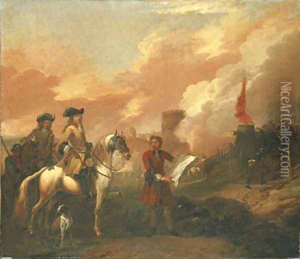 Two cavalry officers surveying the bombardment of a castle Oil Painting - Jan Wyck