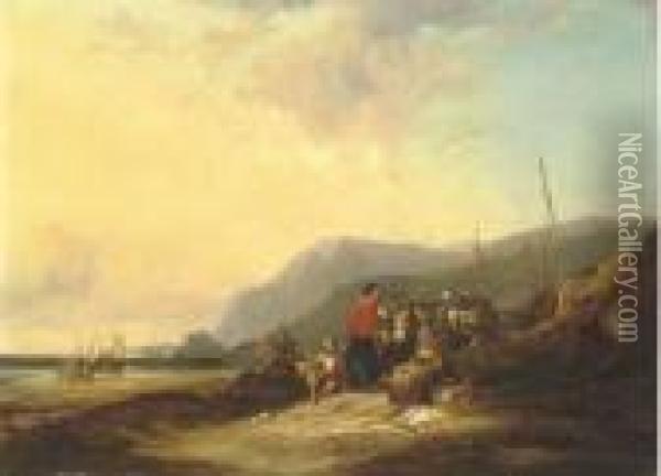 Coastal Landscape With Fisherfolk Resting At Dusk Oil Painting - Snr William Shayer