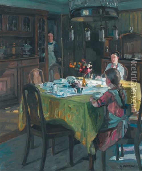 Interieur Mit Mutter Und Kind Am Gedeckten Tisch Oil Painting - Alfred Marxer