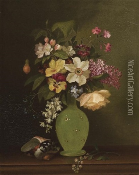 Flowers In A Green Vase (+ Vase Shown In The Painting; 2 Works) Oil Painting - Paul Lacroix