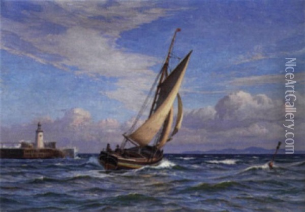 Marine Med En Sejlbad, Der Runder En Mole Oil Painting - Vilhelm Karl Ferdinand Arnesen