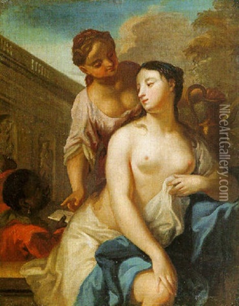 Betsabea Al Bagno, Con Un'ancella, Mentre Riceve Da Un Paggio Moro La Lettera Di Re David Oil Painting - Antonio Bellucci