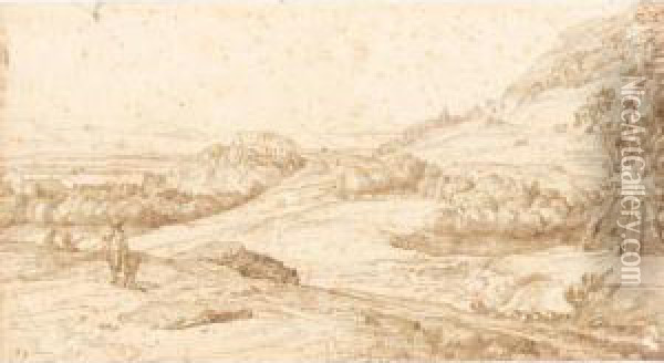 An Extensive Italianate Landscape With A Hunter, And A Distant Hilltop Castle Oil Painting - Jacob Esselens