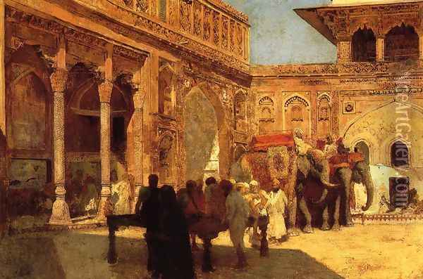 Elephants And Figures In A Courtyard Fort Agra Oil Painting - Edwin Lord Weeks