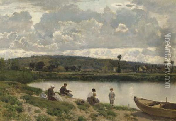 A Family Fishing By A River Oil Painting - Martin Rico y Ortega
