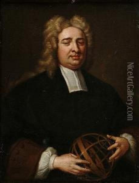 Portrait Of Nicholas Saunderson,
 Mathematician, Half-length, In A Black Gown And With His Hands Resting 
On An Armilliary Globe Oil Painting - John Vanderbank
