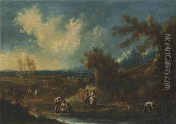 An Extensive Landscape With Anglers And Washerwomen By A Stream, Mountains Beyond Oil Painting - Alessandro Magnasco