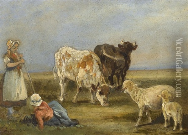 Zwei Bauerinnen Mit Kuhen Und Schafen Oil Painting - Emile Van Damme-Sylva