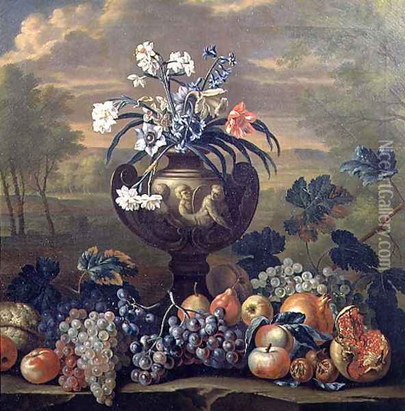 Still Life of Fruit and Flowers in an Urn Oil Painting - (circle of) Ruoppolo, Giovanni-Battista