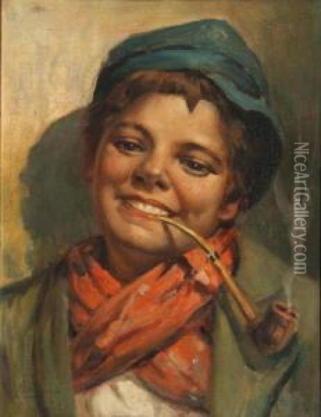 Portrait Of A Boy Smoking A Pipe Oil Painting - Valley