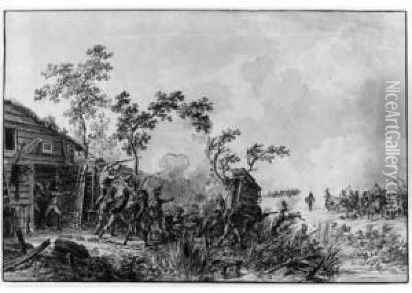 A Battle Scene With French Infantry Defending A Barn Oil Painting - Dirck Langendijk