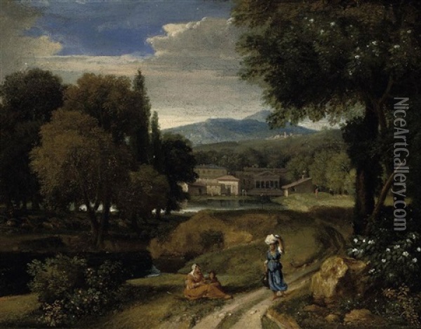 A Wooded River Landscape With Figures On A Track, Classical Buildings Beyond Oil Painting - Jan Frans van Bloemen