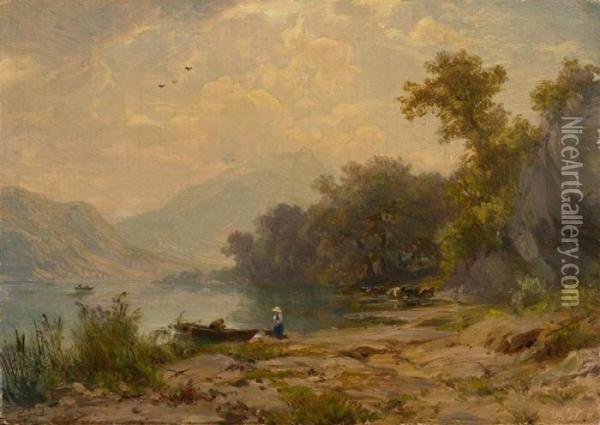 Lake Landscape With Boat Oil Painting - Robert Zund