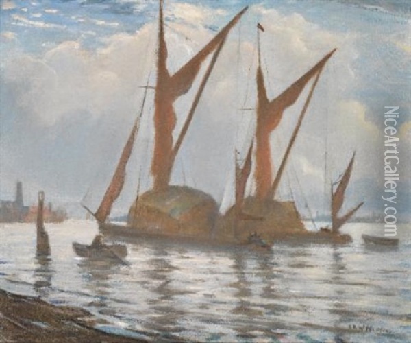 Barges In The Thames Oil Painting - Christopher Richard Wynne Nevinson