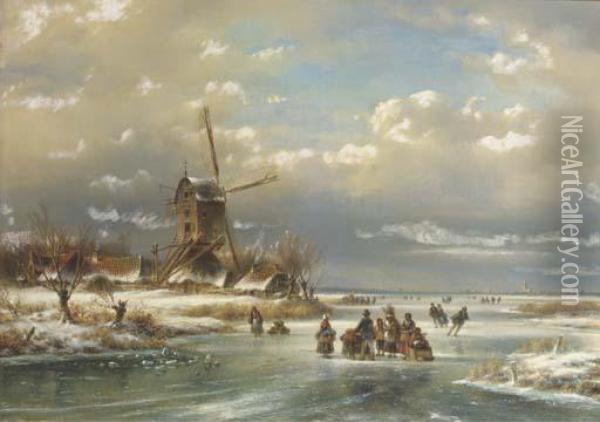 Figures On A Frozen River By A Windmill Oil Painting - Lodewijk Johannes Kleijn