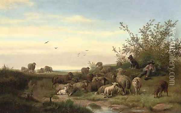A shepherd resting with his flock Oil Painting - Caesar Bimmermann