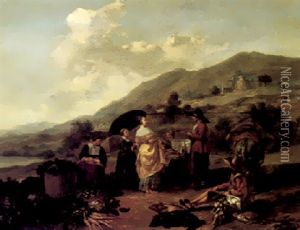 An Italianate Landscape With Travellers On Their Way From Market Oil Painting - Hendrick Mommers
