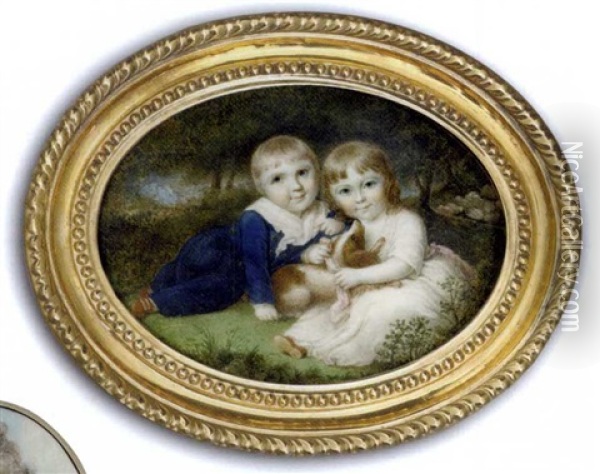 Sir Francis Ford And His Sister, Mary, As Children Lying With Their Brown And White Dog On A Grassy Bank, He, In Blue Suit With Gold Buttons And Tied White Scarf And She, In White Dress With Pink Sash Oil Painting - Samuel Shelley
