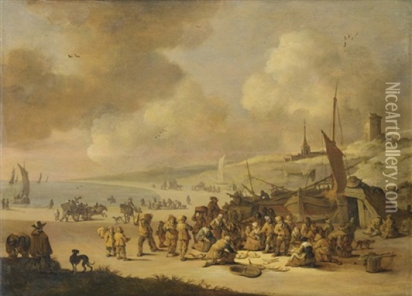 Marche Aux Poissons Sur La Plage De Scheveningen Oil Painting - Pieter Bout