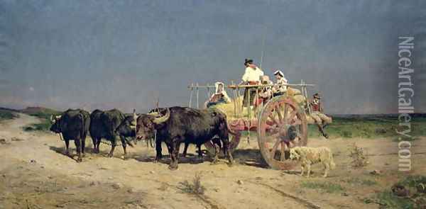 Wagon with Buffalo by the Beach Oil Painting - Aurelio Tiratelli