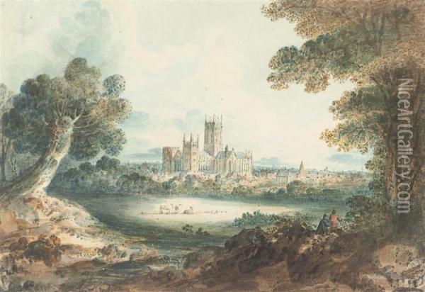 Two Views Of Canterbury Cathedral Oil Painting - Nicholson, F.
