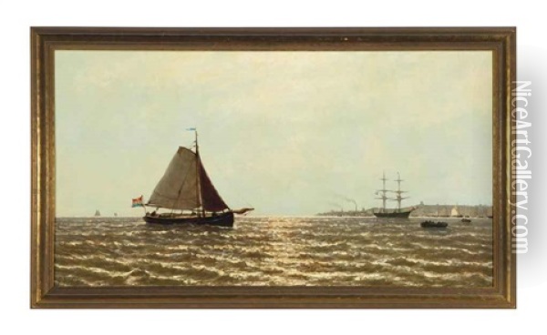 A Sailing Boat Approaching A Dutch Harbor Oil Painting - George Johannes (Jan) Hoffmann