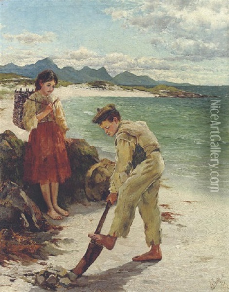 On The Beach, Connemara Oil Painting - William H. Bartlett