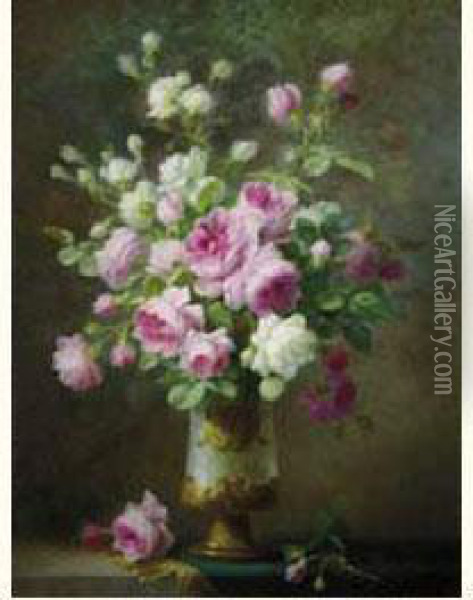 Vase De Roses Sur Entablement Oil Painting - Therese Guerin