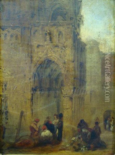 Figures Gathered Beneath The Cloisters Of A Church Oil Painting - Samuel Prout