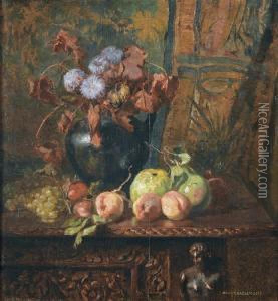 Stillleben Mit Blumen Und Fruchten In Interieur. Oil Painting - Hugo Charlemont
