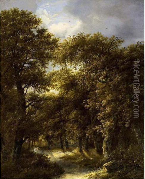A Wooded Landscape With Two Shepherds Resting On A Path With A Flock Of Sheep In The Foreground Oil Painting - Gillis Rombouts