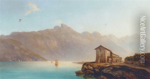 Figures By A Villa On The Edge Of A Lake Oil Painting - Paul Constantin Dominique Tetar van Elven