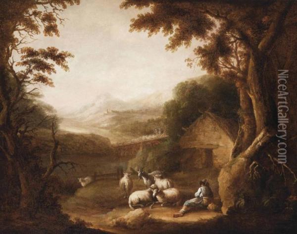 A Wooded Landscape With A Shepherd And His Herd At Rest Oil Painting - Thomas Barker of Bath