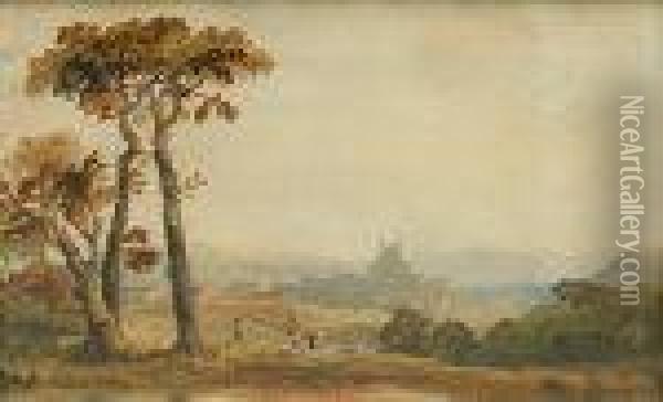 Wooded Landscape With Figures And Town Beyond (possibly Waterford) Oil Painting - Cornelius Pearson