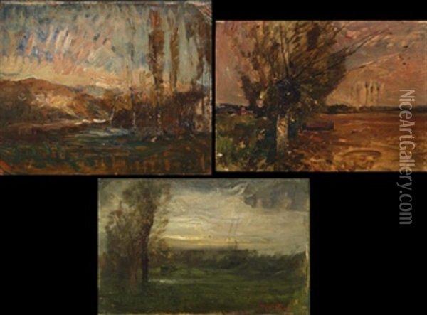 Clearing With Storm Lifting (+ 2 Others, Oil On Board Laid On Board; 3 Works) Oil Painting - Auguste Francois Ravier