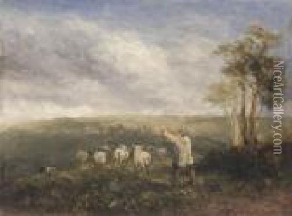 Rounding The Flock Oil Painting - David I Cox