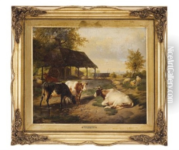 Vacas Bebiendo De Un Arroyo Oil Painting - Thomas Sidney Copper