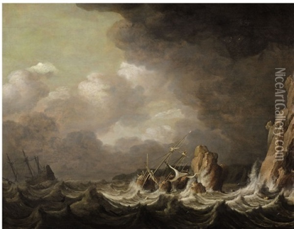 Ships On Rough Seas Oil Painting - Pieter Mulier the Elder