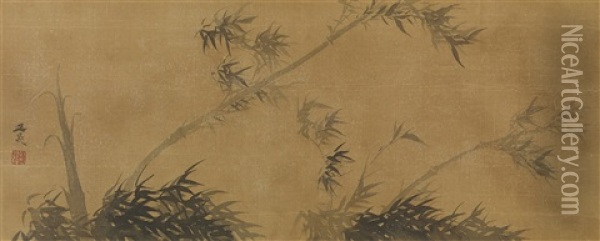 Windswept Bamboo Oil Painting - Tani Buncho