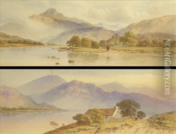 A. Penley Loch Lomond; Lochtay, Summer Scenes With Figures A Pair, Watercolour Heightened Withwhite Each Signed And Dated 1872 Lower Right 17cm X47cm Oil Painting - Edwin Austin Abbey