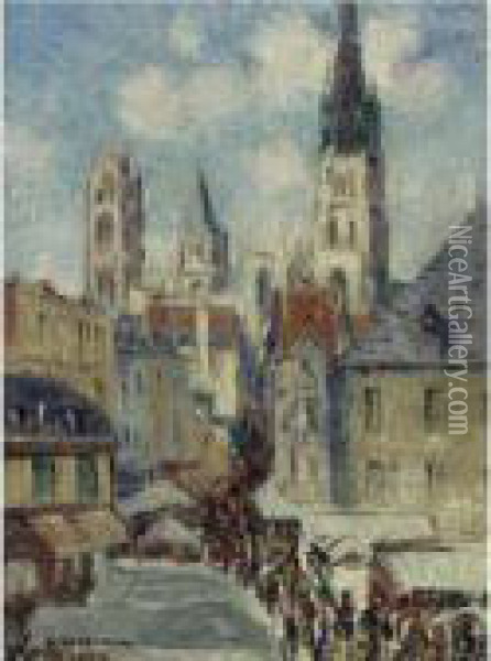 La Rue De L'epicerie A Rouen, Jour De Marche Oil Painting - Gustave Loiseau