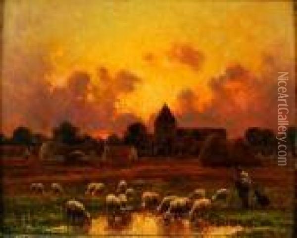 Troupeau De Moutons S'abreuvant Au Coucher De Soleil Oil Painting - Paul Chaigneau