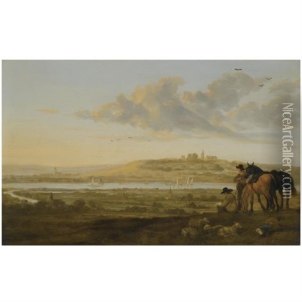 A Shepherd And Two Cavaliers Resting On A Point Looking Out Over The Countryside Near Elten, On The Borders Of Holland And Germany Oil Painting - Aelbert Cuyp