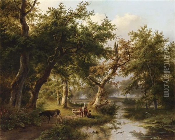 Figures And Cattle In A Sunlit Wooded Landscape (collab. W/eugene Joseph Verboeckhoven) Oil Painting - Johann Bernard Klombeck