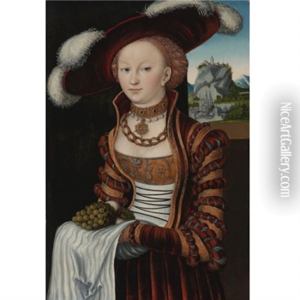 Portrait Of A Young Lady Holding Grapes And Apples Oil Painting - Lucas Cranach the Elder