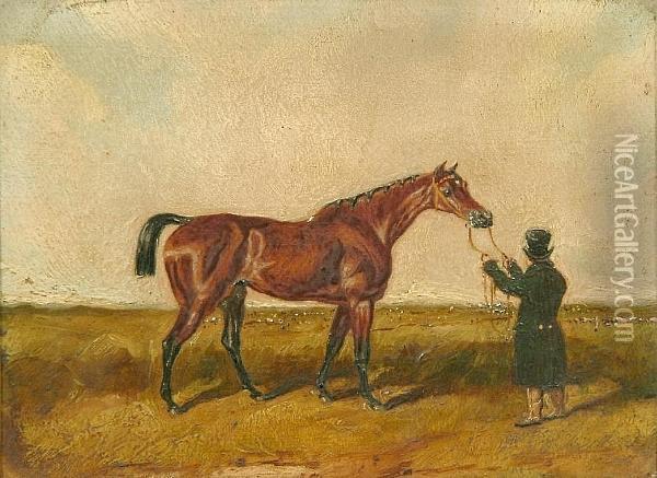'the Fleur De Lis', A Study Of A Racehorse In A Landscape With An Attendant Gentleman Oil Painting - Henry, Brocas Snr.
