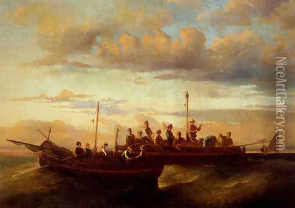 Italian Fishing Vessels at Dusk Oil Painting - Adolphe Monticelli