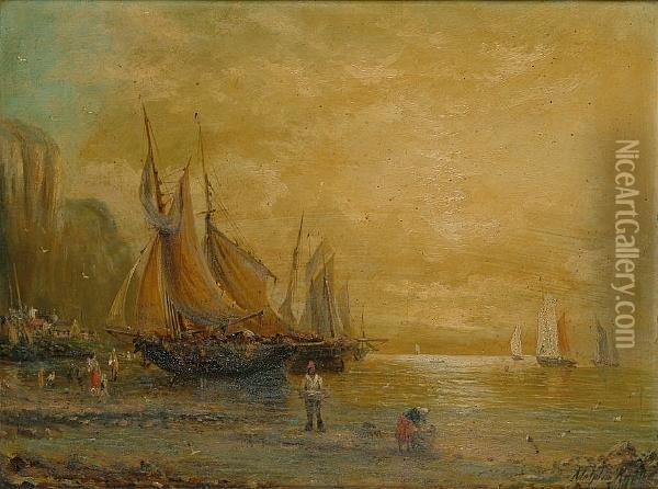 Fisherfolk On The Shore Oil Painting - William Adolphu Knell